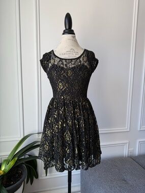 Parisian collection - Handcrafted with love - Black and gold Lace Mini Dress